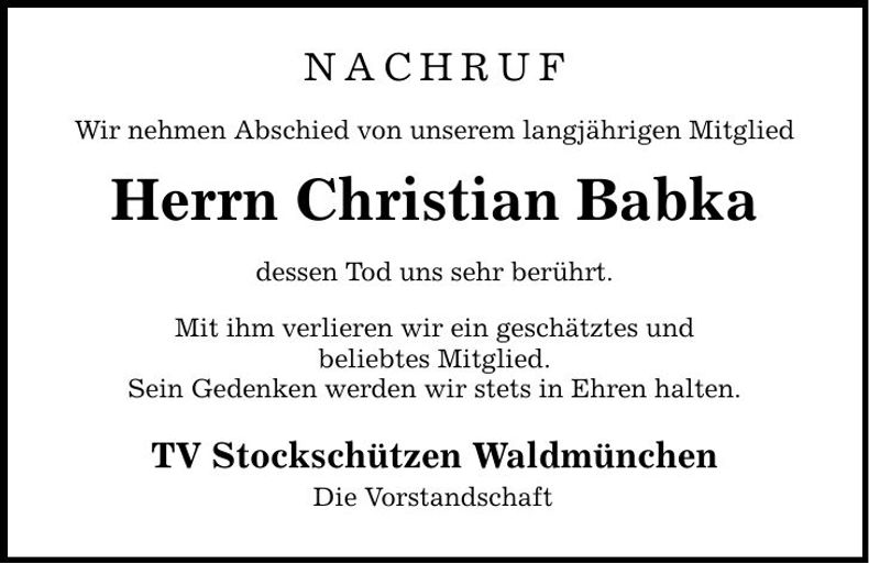 Traueranzeige Christian Babka