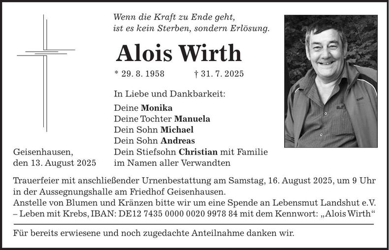 Traueranzeige Alois Wirth