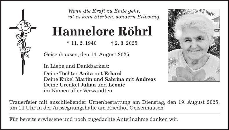Traueranzeige Hannelore Röhrl