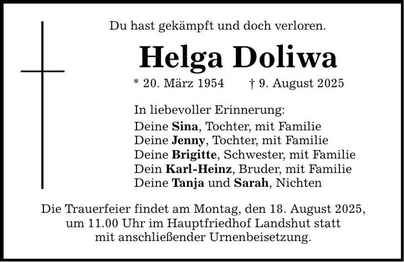 Traueranzeige Helga Doliwa
