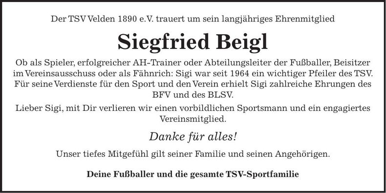 Traueranzeige Siegfried Beigl