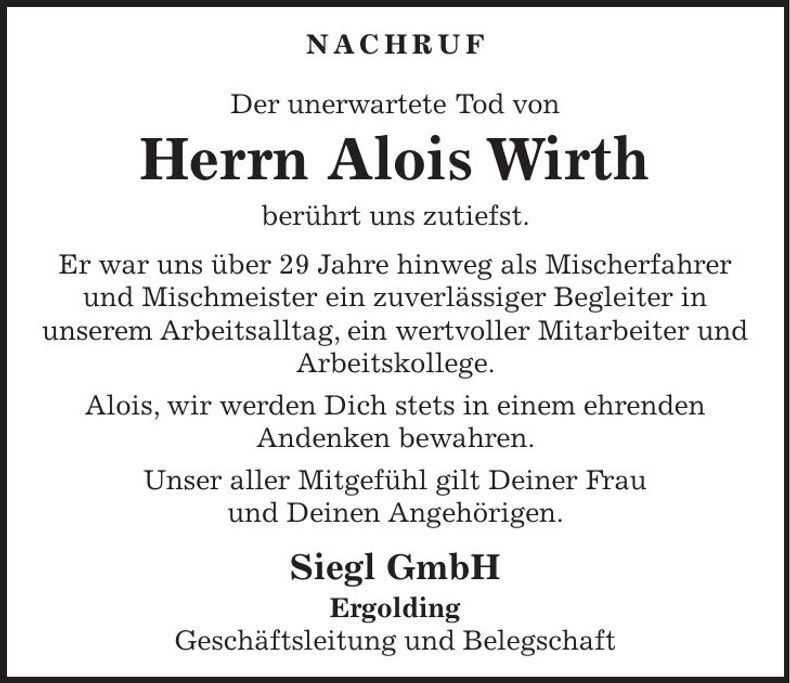 Traueranzeige Alois Wirth