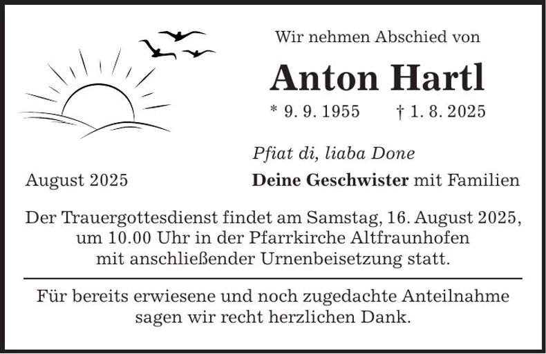 Traueranzeige Anton Hartl