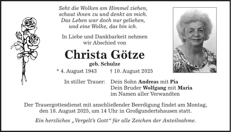Traueranzeige Christa Götze