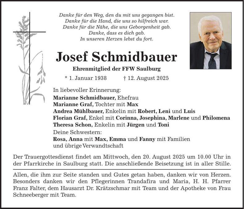 Traueranzeige Josef Schmidbauer