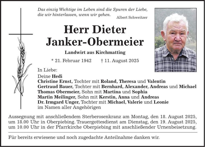 Traueranzeige Dieter Janker-Obermeier