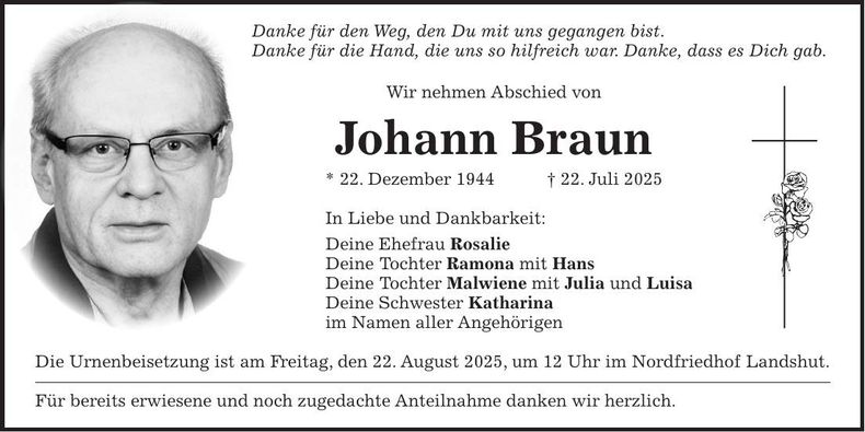 Traueranzeige Johann Braun