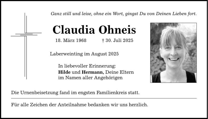 Traueranzeige Claudia Ohneis