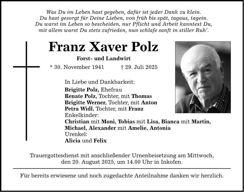 Traueranzeige Franz Xaver Polz
