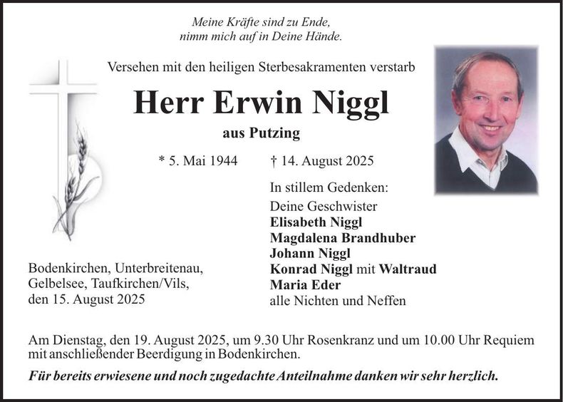 Traueranzeige Erwin Niggl