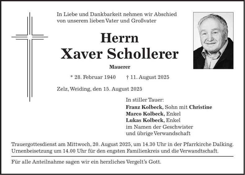 Traueranzeige Franz Schollerer