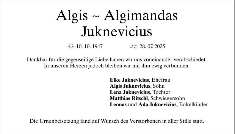 Traueranzeige Algis Algimandas Juknevicius