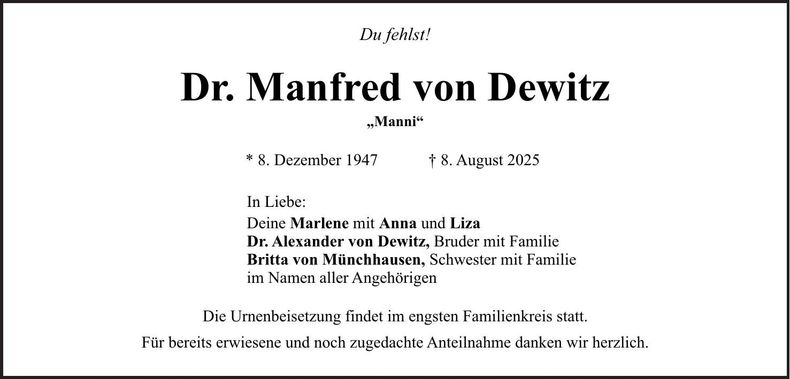 Traueranzeige Manfred von Dewitz