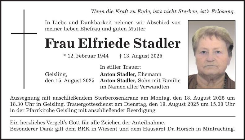 Traueranzeige Elfriede Stadler