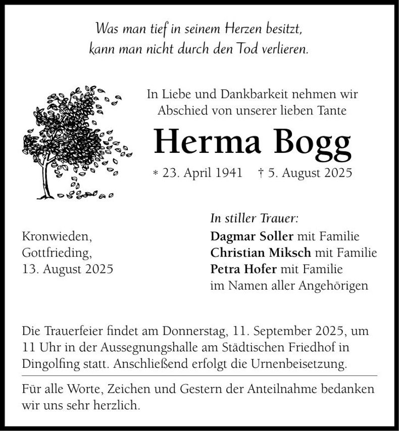 Traueranzeige Herma Bogg