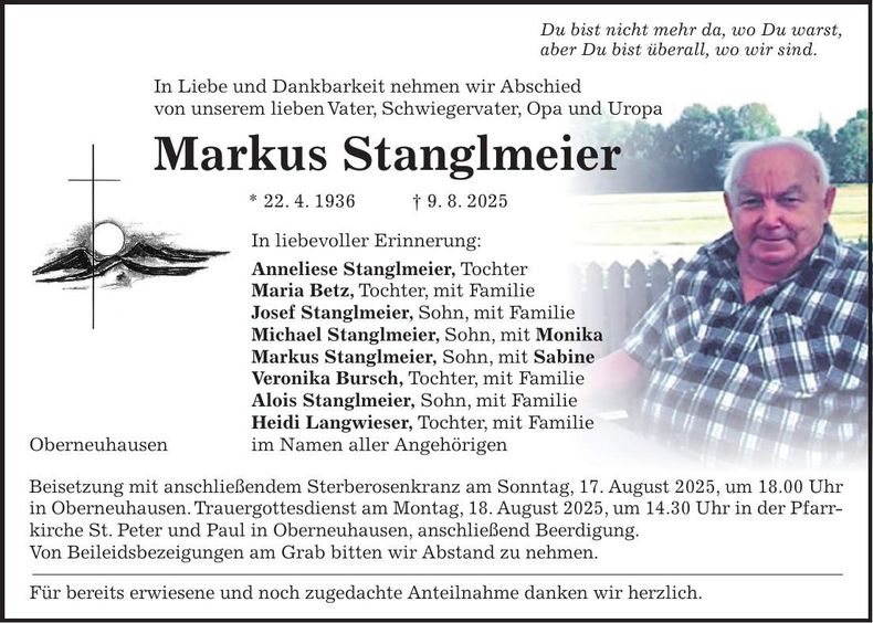 Traueranzeige Markus Stanglmeier
