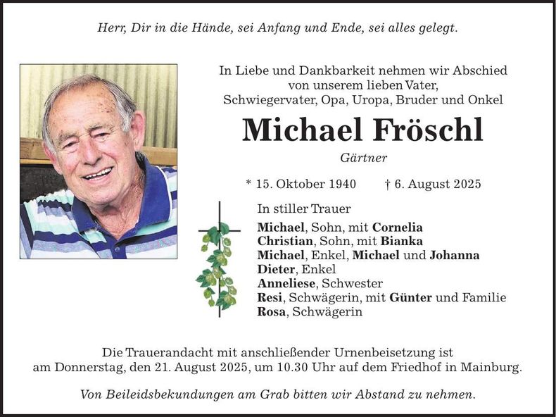 Traueranzeige Michael Fröschl