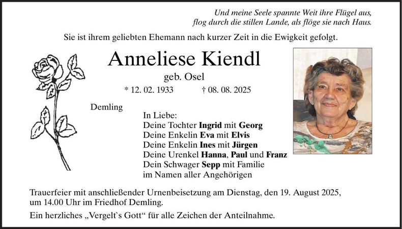 Traueranzeige Anneliese Kiendl