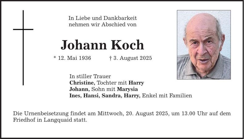Traueranzeige Johann Koch