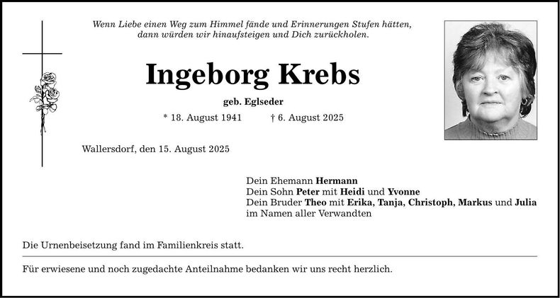 Traueranzeige Ingeborg Krebs