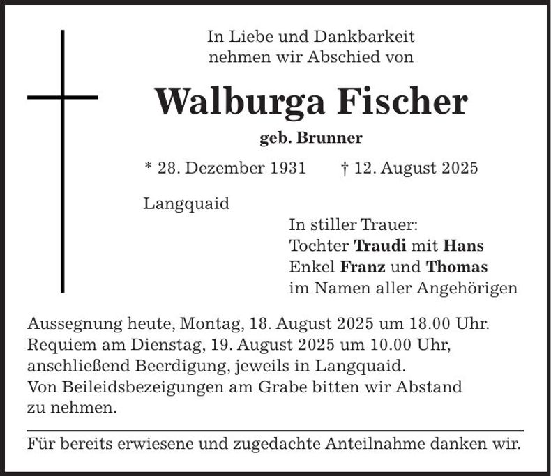 Traueranzeige Walburga Fischer
