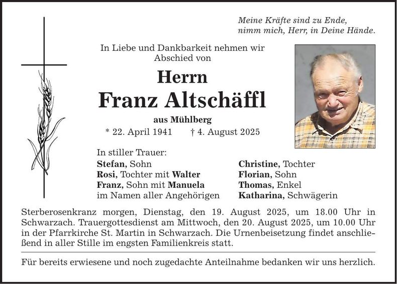 Traueranzeige Franz Altschäffl