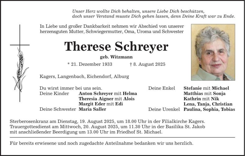 Traueranzeige Therese Schreyer
