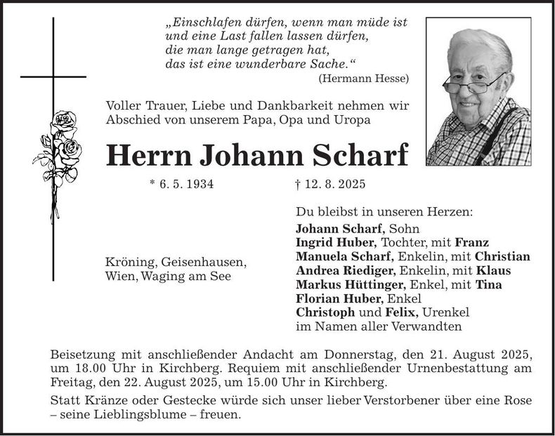 Traueranzeige Johann Scharf