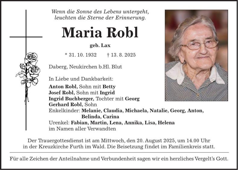 Traueranzeige Maria Robl