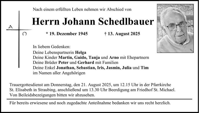 Traueranzeige Johan Schedlbauer