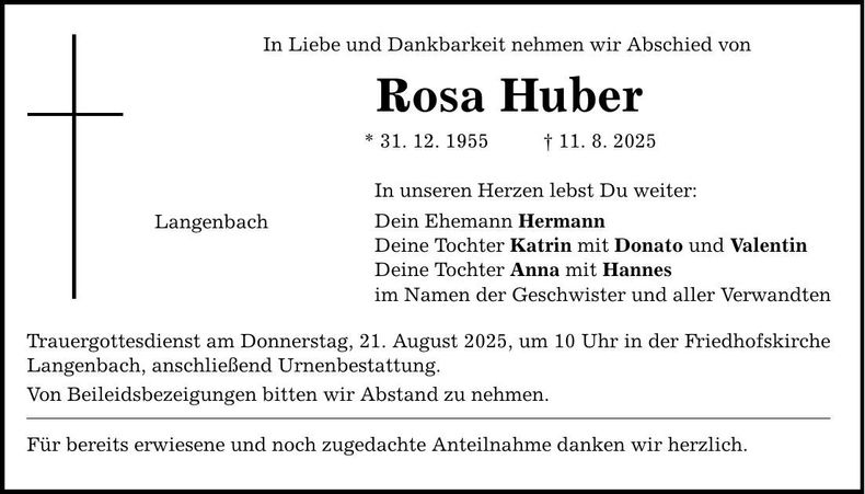 Traueranzeige Rosa Huber