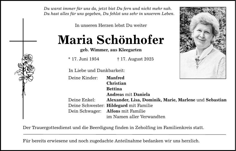 Traueranzeige Maria Schönhofer