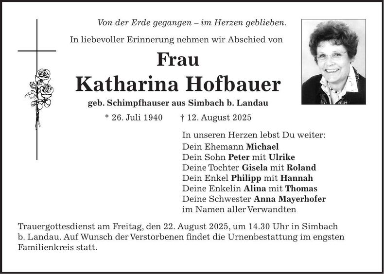 Traueranzeige Katharina Hofbauer
