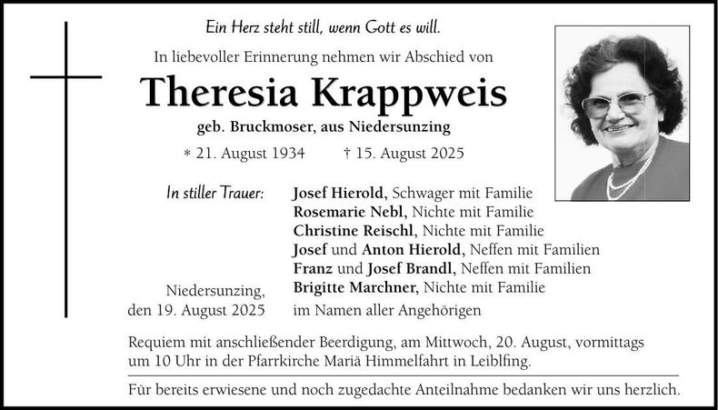 Traueranzeige Theresia Krappweis