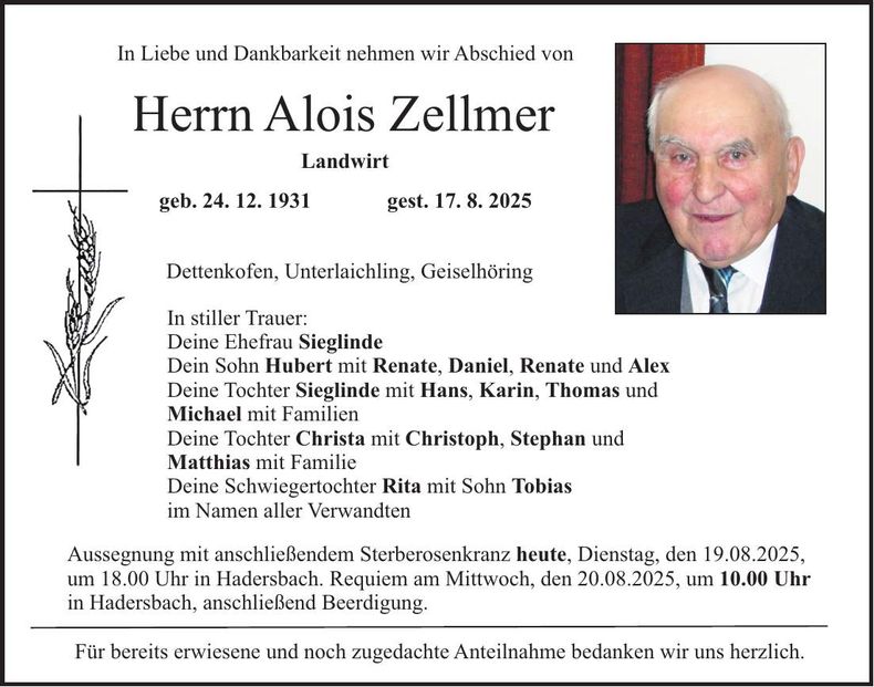 Traueranzeige Alois Zellmer
