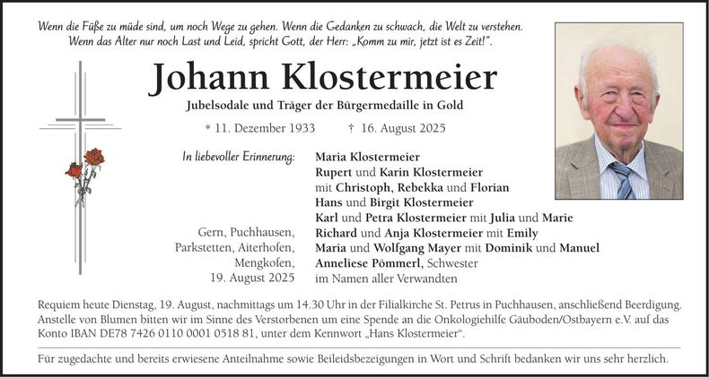 Traueranzeige Johann Klostermeier
