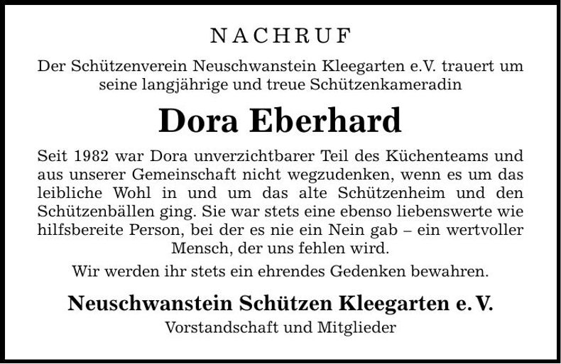 Traueranzeige Dora Eberhard