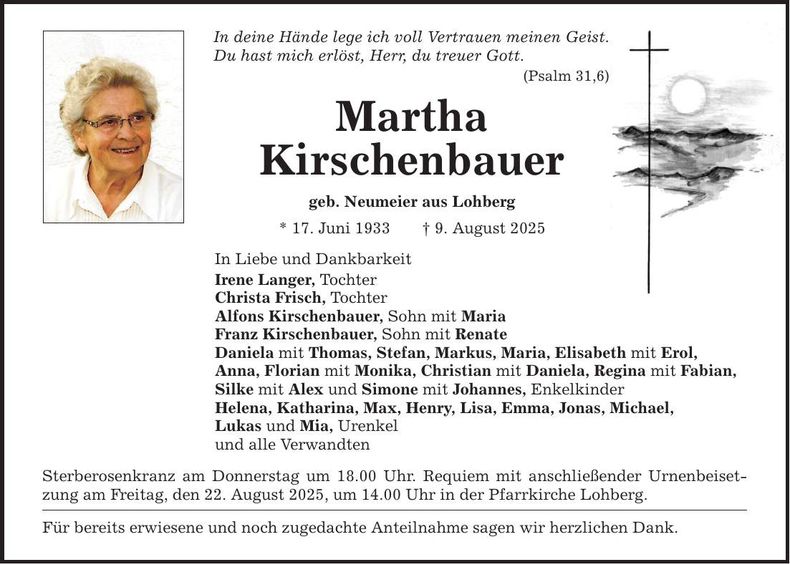 Traueranzeige Martha Kirschenbauer