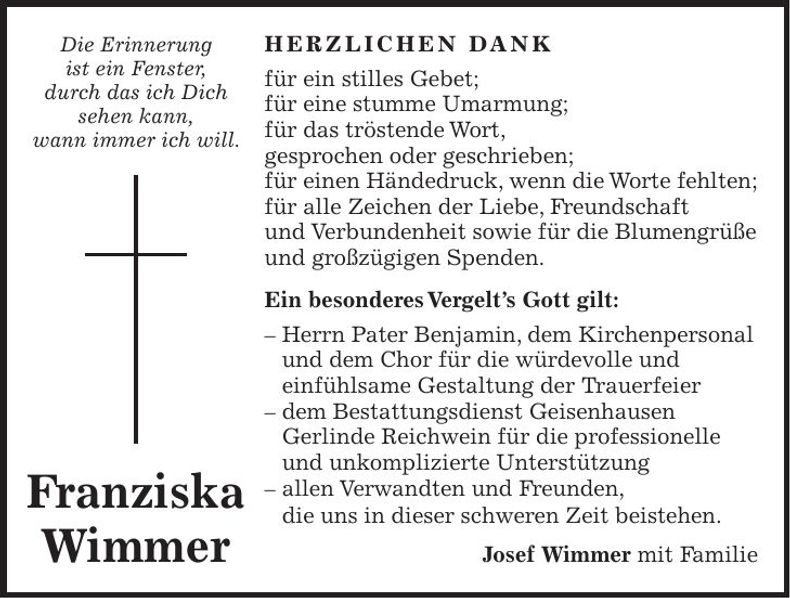Traueranzeige Franziska Wimmer