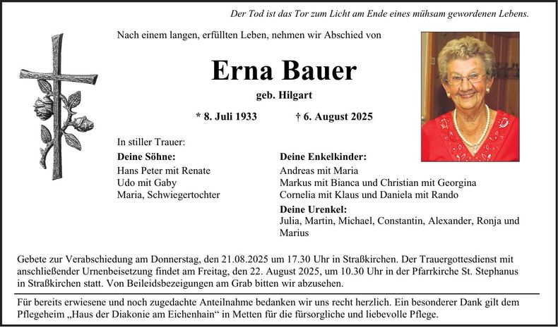 Traueranzeige Erna Bauer