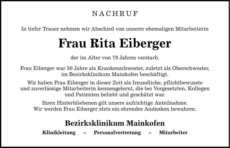 Traueranzeige Rita Eiberger