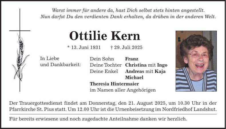 Traueranzeige Ottilie Kern