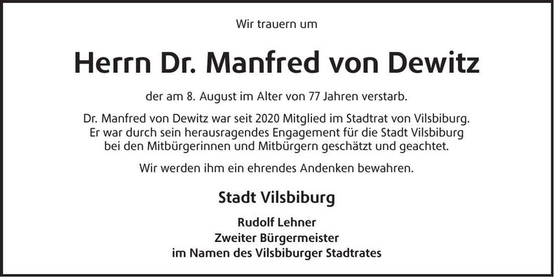 Traueranzeige Manfred von Dewitz