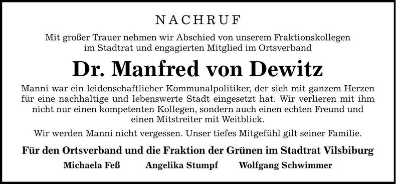 Traueranzeige Manfred von Dewitz