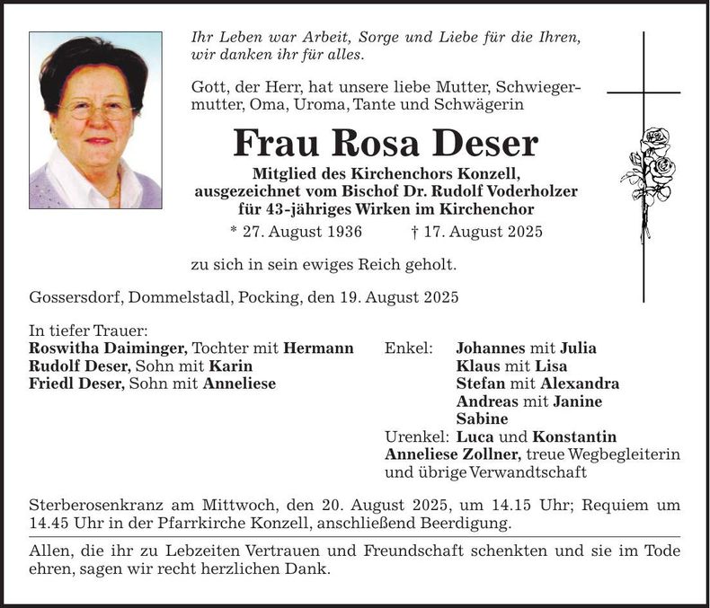 Traueranzeige Rosa Deser