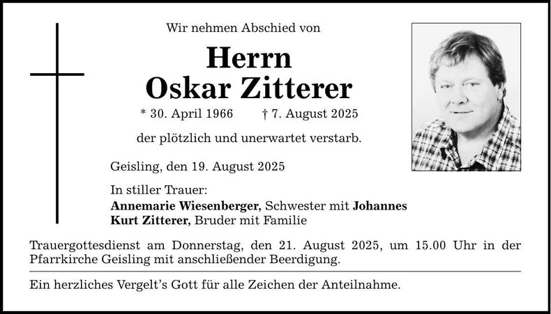 Traueranzeige Oskar Zitterer