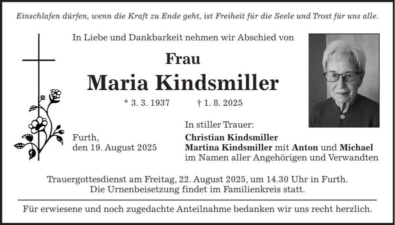 Traueranzeige Maria Kindsmiller