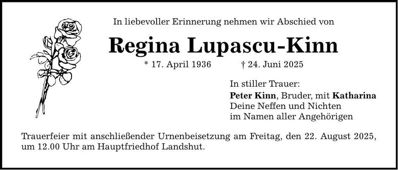 Traueranzeige Regina Lupascu-Kinn