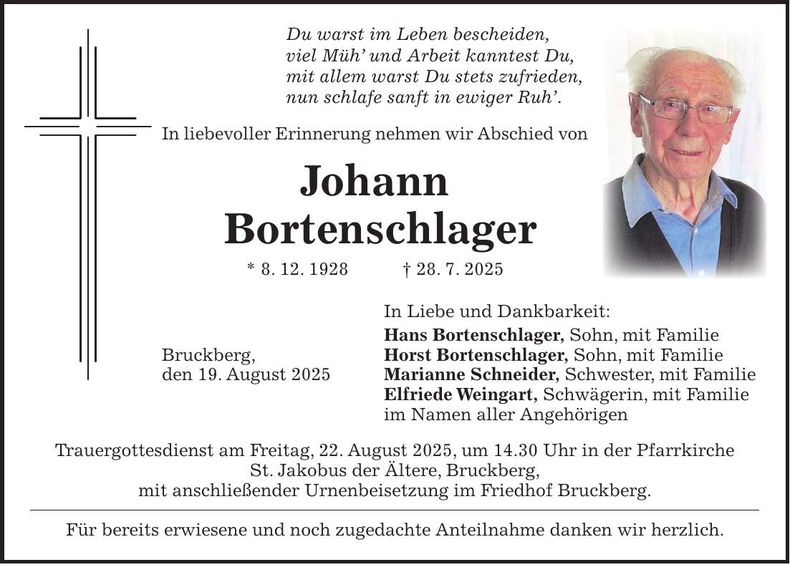 Traueranzeige Johann Bortenschlager