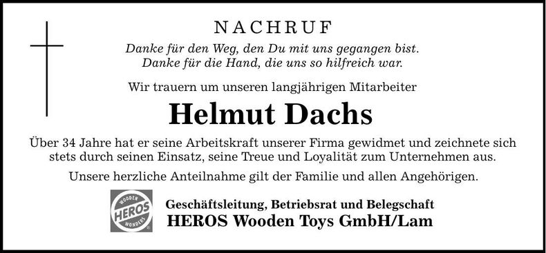 Traueranzeige Helmut Dachs